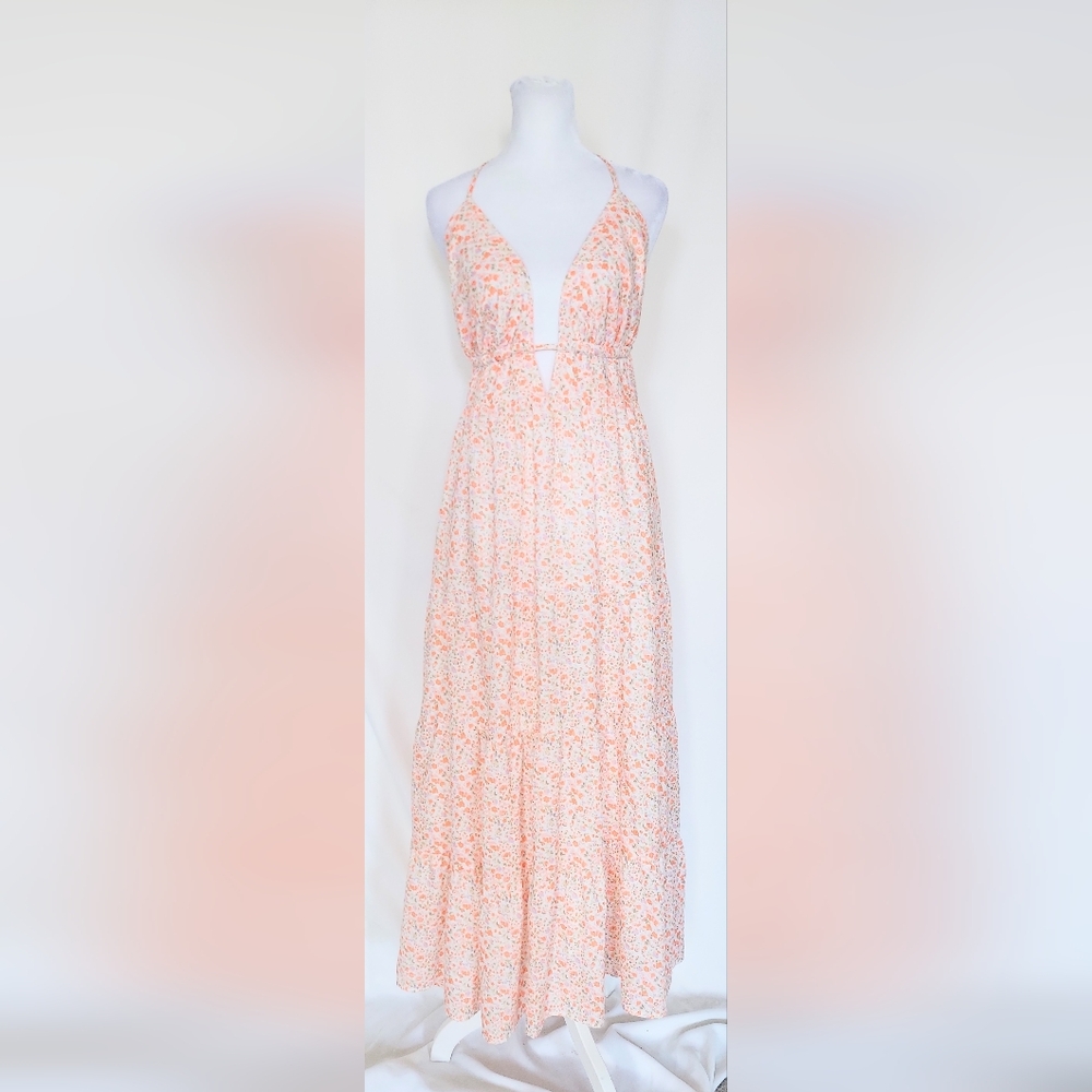 Molly Bracken Tie Neck Tie Back Floral Maxi Dress Orangr Size Large